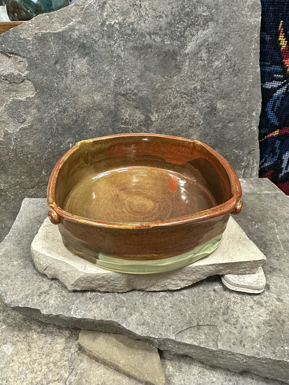 Handmade Ceramic Catchall Dish/Serving Bowl with Green Accent